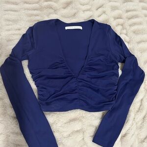 Susana Monaco Sz S Nylon/spandex double lined V crop Navy Long Sleeve Ruched Top